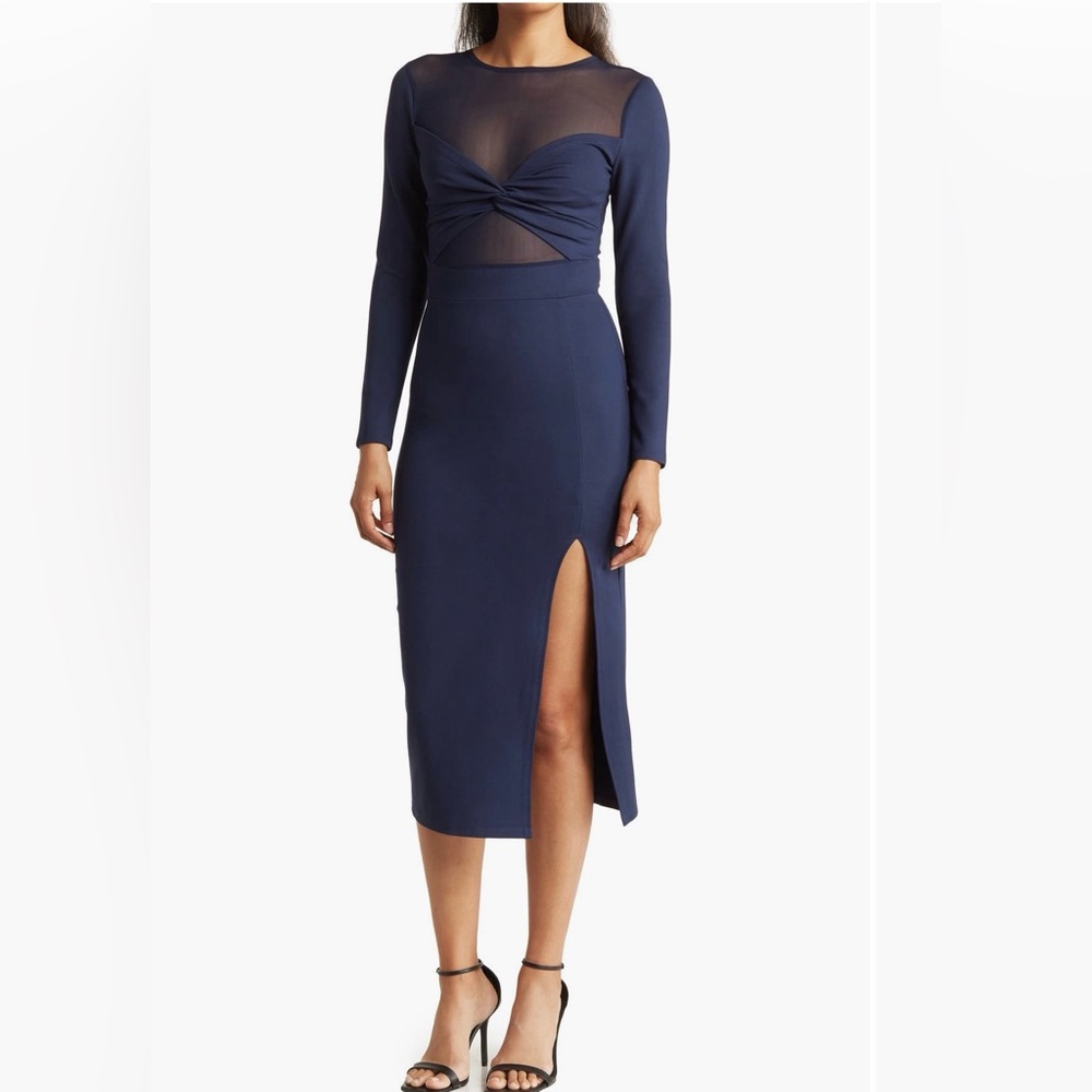 Love by Design Celia Illusion Mesh Ruched Midi Dress Navy Blue Size L NWT